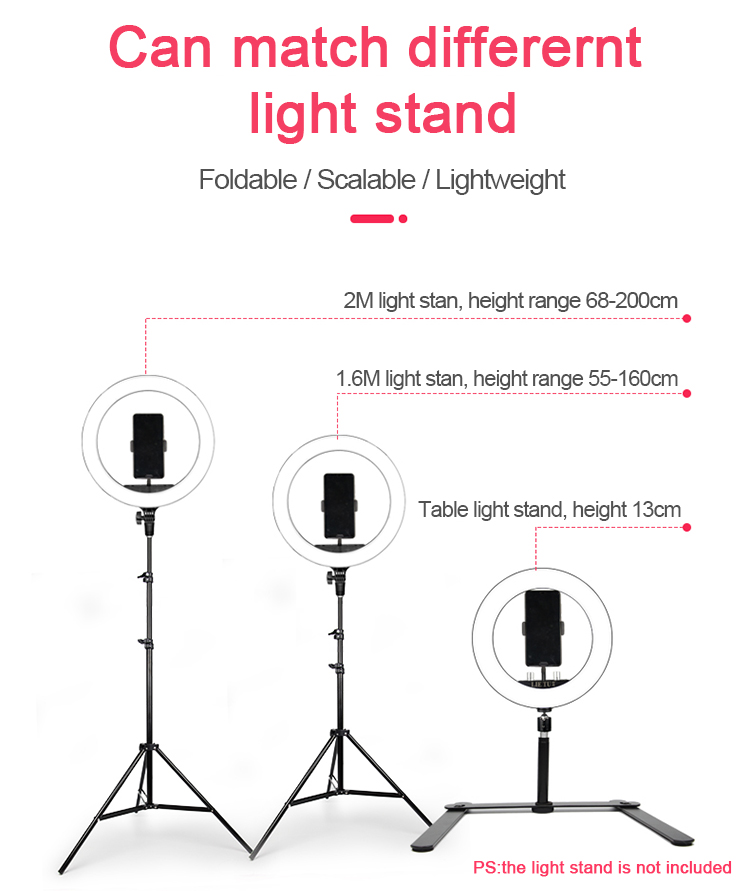 ไฟวงแหวน LED พร้อมขาตั้งและที่วางโทรศัพท์ ชุดไฟวงกลมขนาดใหญ่ 14 นิ้ว สำหรับถ่ายภาพ/สตรีมสด