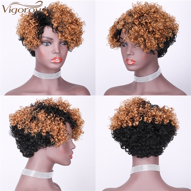 Vigorous Top Quality Ombre Black Roots To Brown Afro Kinky Curly Wigs for Black Women Short Side Part Human Hair Wholesale Price