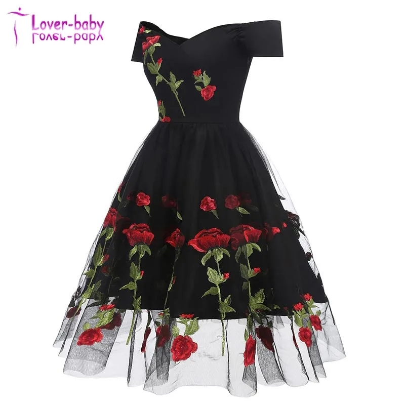 Romantic Rose Flower Lace Black Party Dresses