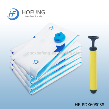 Space saving flat vacuum storage bags with pump