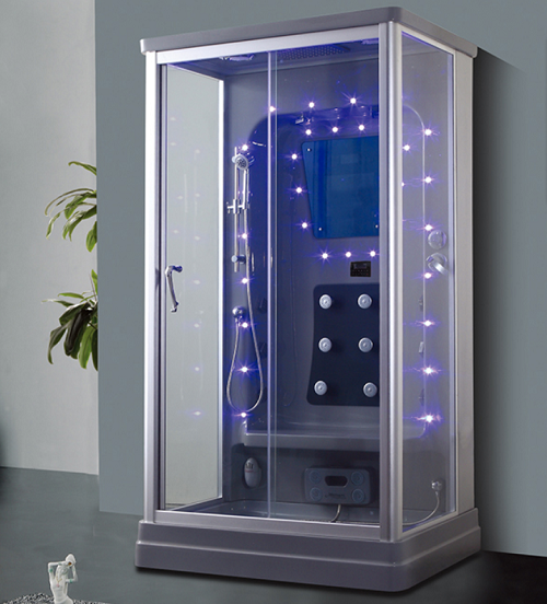 Black French Shower Doors Rectangular One Person Blue Glass Steam Shower Room
