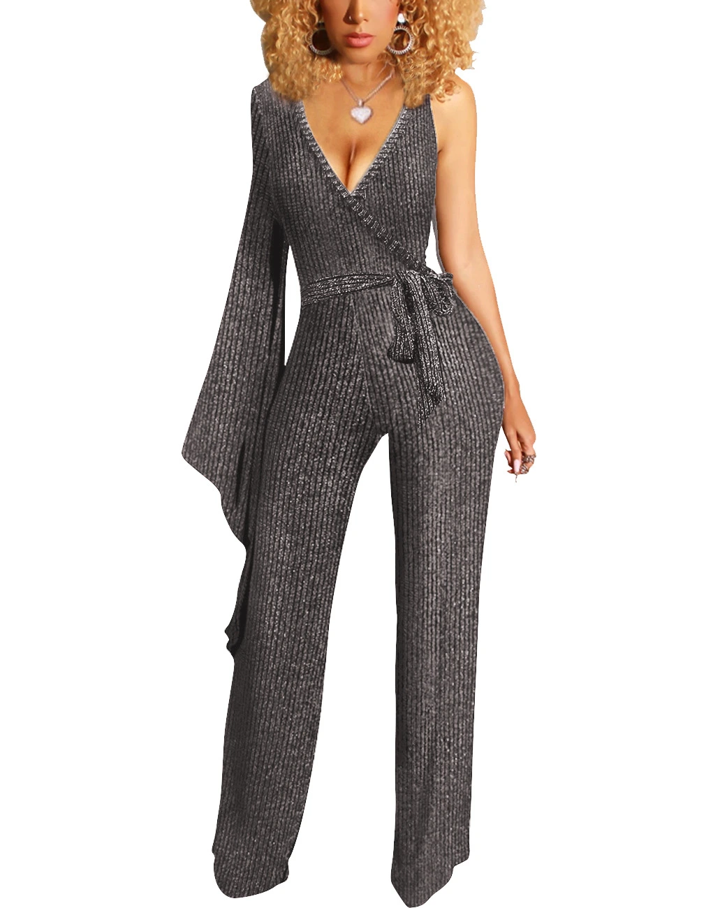 Trending Stylish 2021 Spring Deep V Neck Jumpsuit Wide Leg Pants Womens One Sleeve Bling Rompers