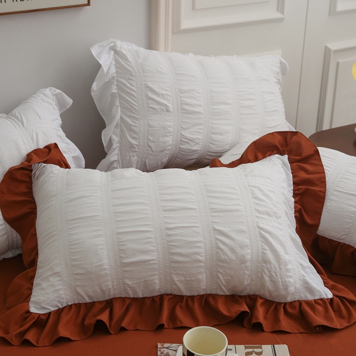 Conjunto de cama de bedding branco de algodão rosa seersucker