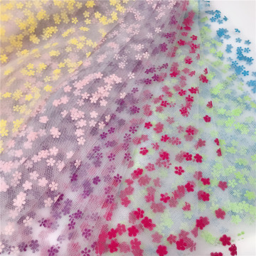 100% Polyester flower flocking printed tulle fabric