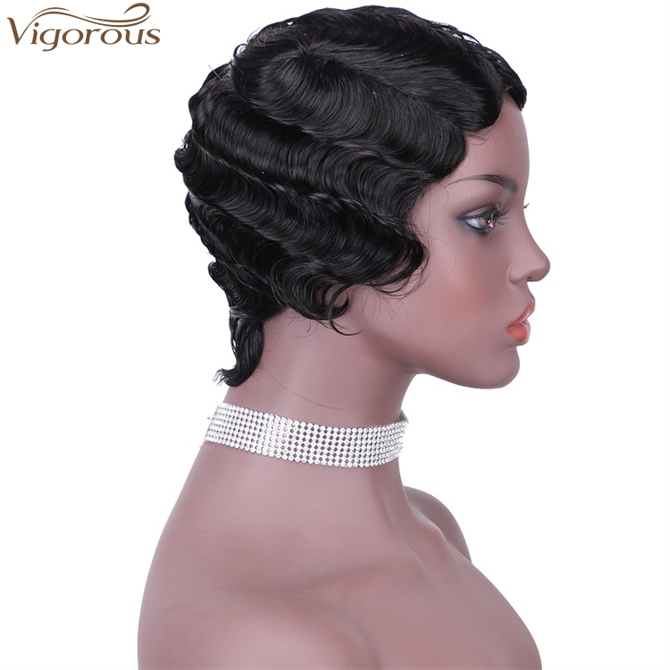 Vigorous Pixie Cut Black Short Curly Wigs for African American Women Real 100% Human Hair Finger Wave Wig