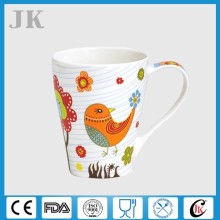 Whimsical bird and flower bone china coffee mug with bright design