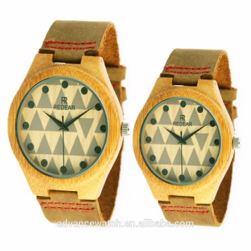 2017 wholesale pair wood watch| bamboo watch with wood grain paper dial| fuzzy back side genuine leather watch