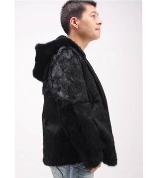 YR224 Genuine Hooded Rabbit Fur Jacket For Men