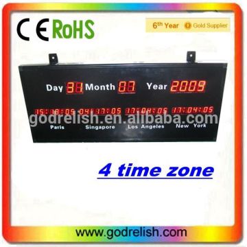 Red led digital world time wall clock Led wall clock with world time 4 time zone clock