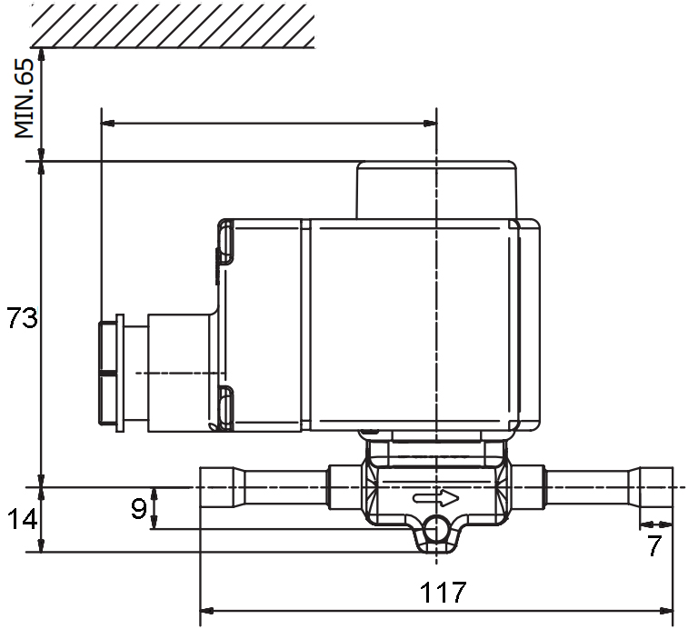 Overall dimension of EVR6-038S Electromagnetic Valve for Refrigeration