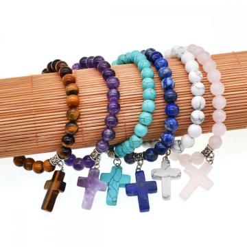 Natural Semi Precious Stone Beads Elastic Bracelet With Charms Cross Pendant