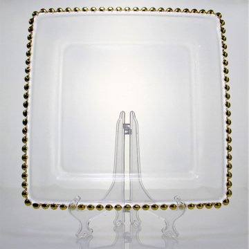 Square Gold Rim Beaded Transparent Glass Charger Plate