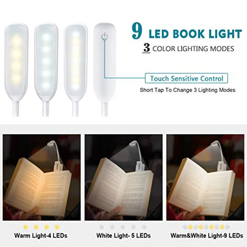 USB Rechargeable Eye-Caring Book Clip Desk Lamp for Reading