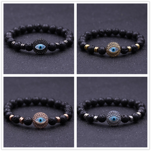 Silver Evil Eye Lava stone 8MM Round Beads Bracelet