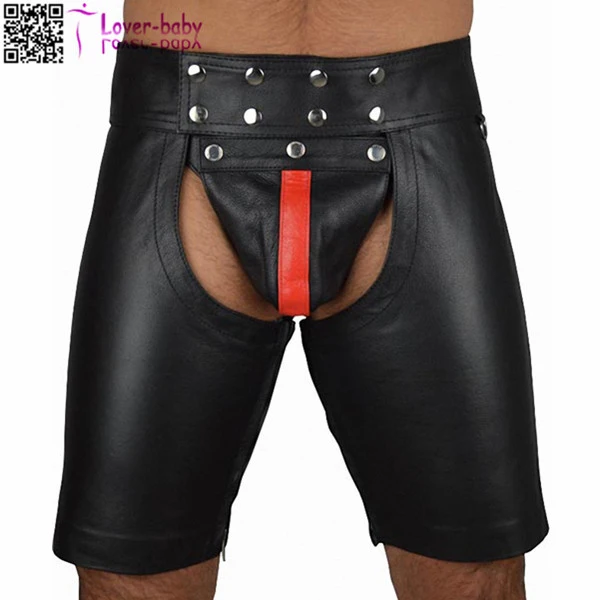 Men Black Leather Short Pants L533