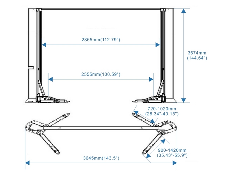 Asymmetric arms 2 post vehicle lift