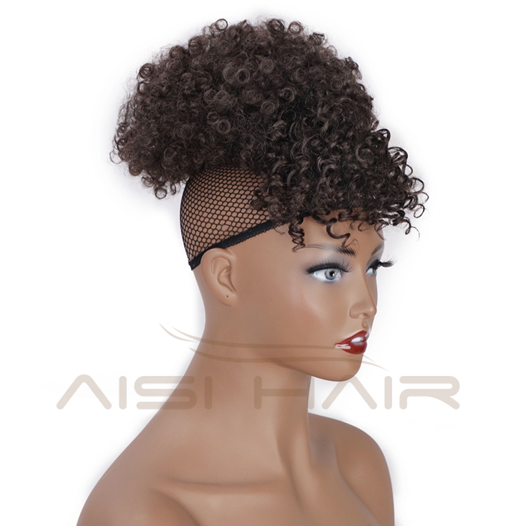 Aisi Hair Hot Selling Afro Puff Short Kinky Curly Drawstring Ponytail Bun With Bangs Synthetic Ponytail Updo Hair Extensions