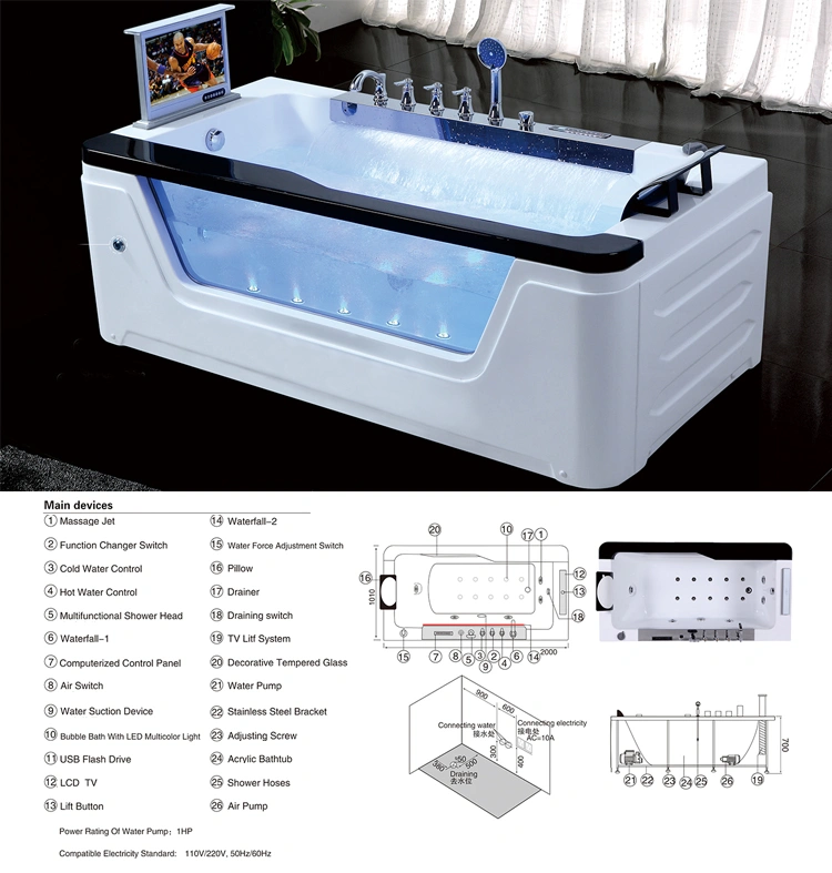 2m Length Indoor Jacuzzi Function Sexy Massage Bathtub with TV