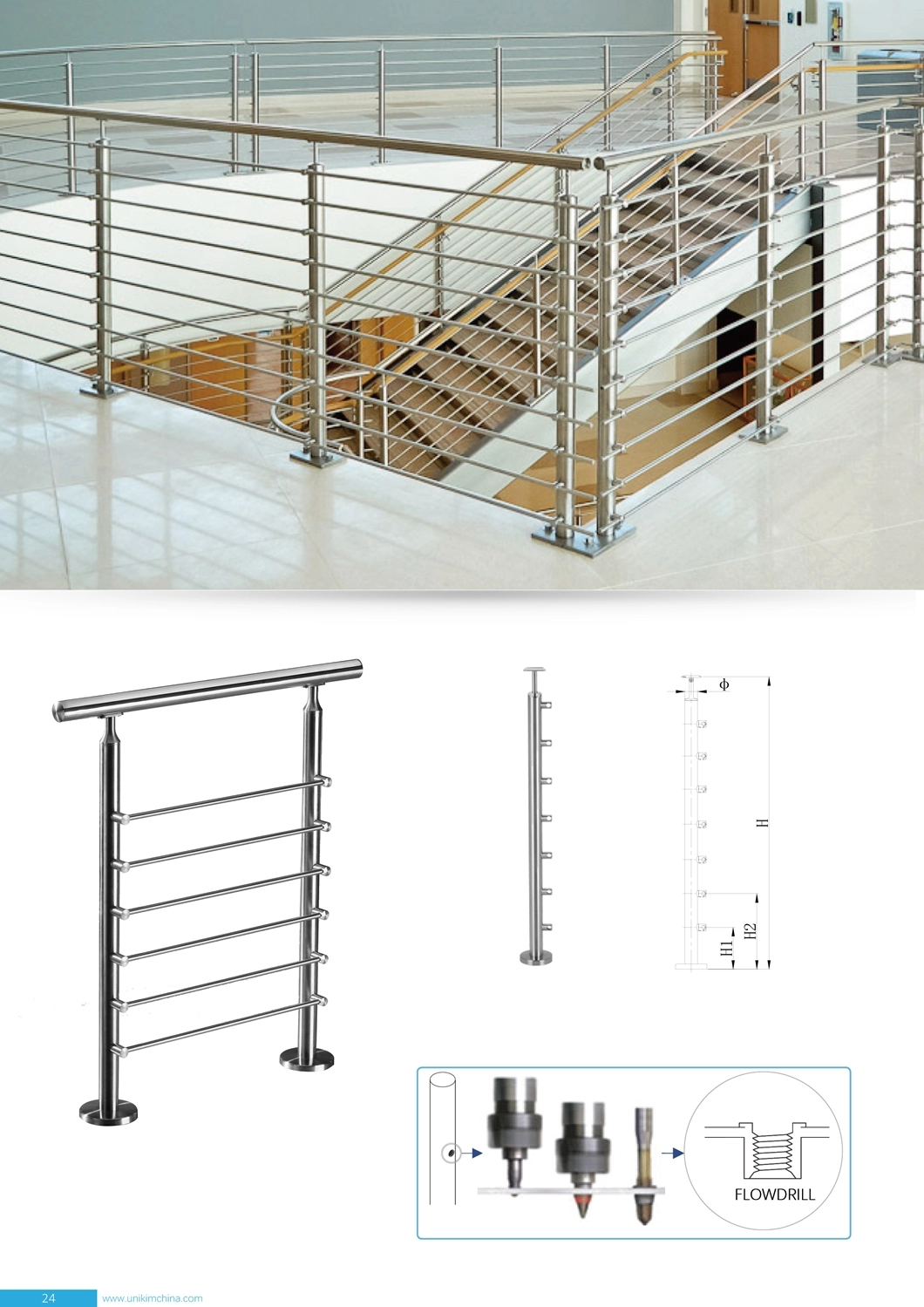 Staircase Wire Cable Handrail / Balustrade / Square Stainless Steel Railing Post