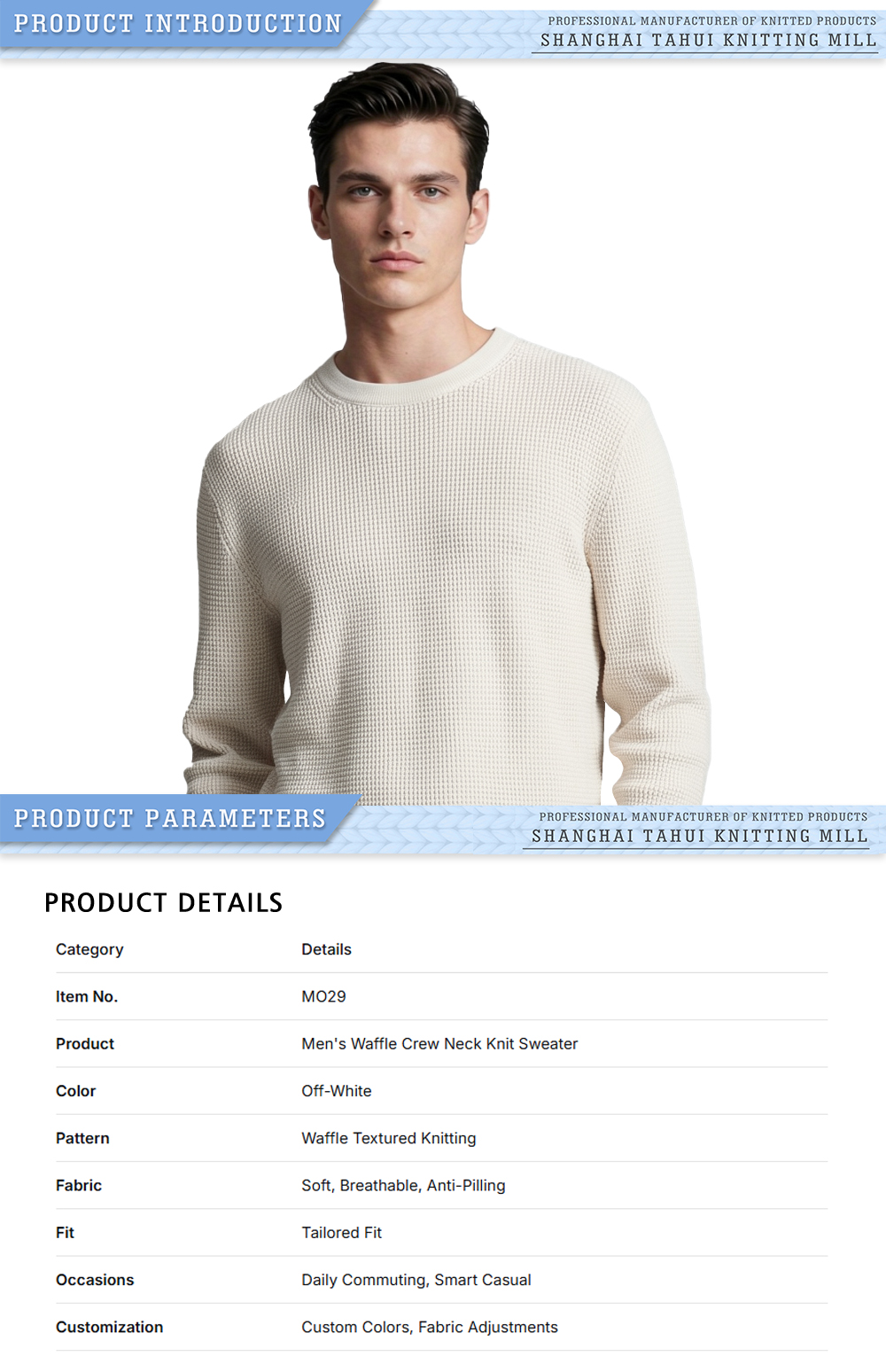 M029 Suéter de punto con cuello redondo tipo gofre para hombre X M029 Men's Waffle Crew Neck Knit Sweater X
