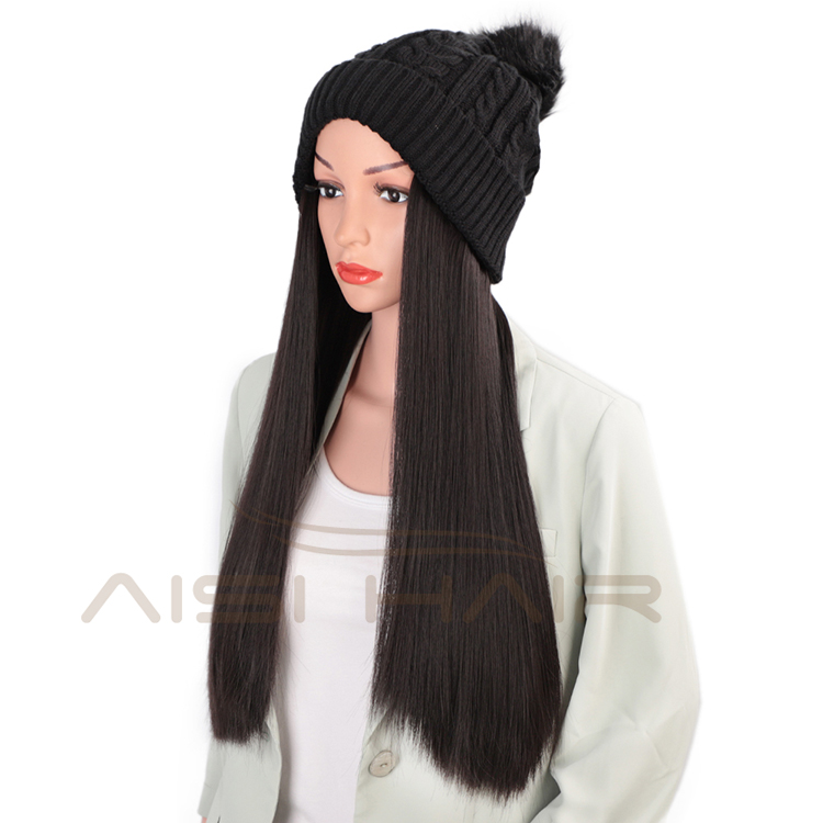 Aisi Hair Synthetic Black Long Straight Silky Cap Hair Knit Slouchy Hat Fiber Hair Extension With Cap For Black White Women