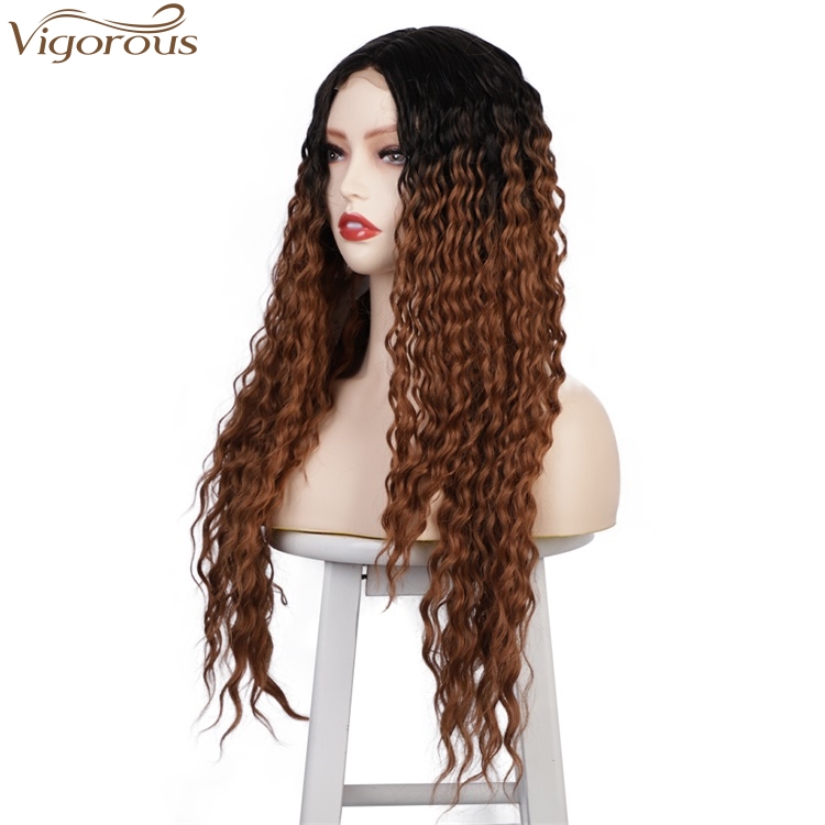 Vigorous Top Quality 30 Inches Long Kinky Curly Wigs For Women Natural Middle Part Wigs Ombre Brown Wavy Wigs