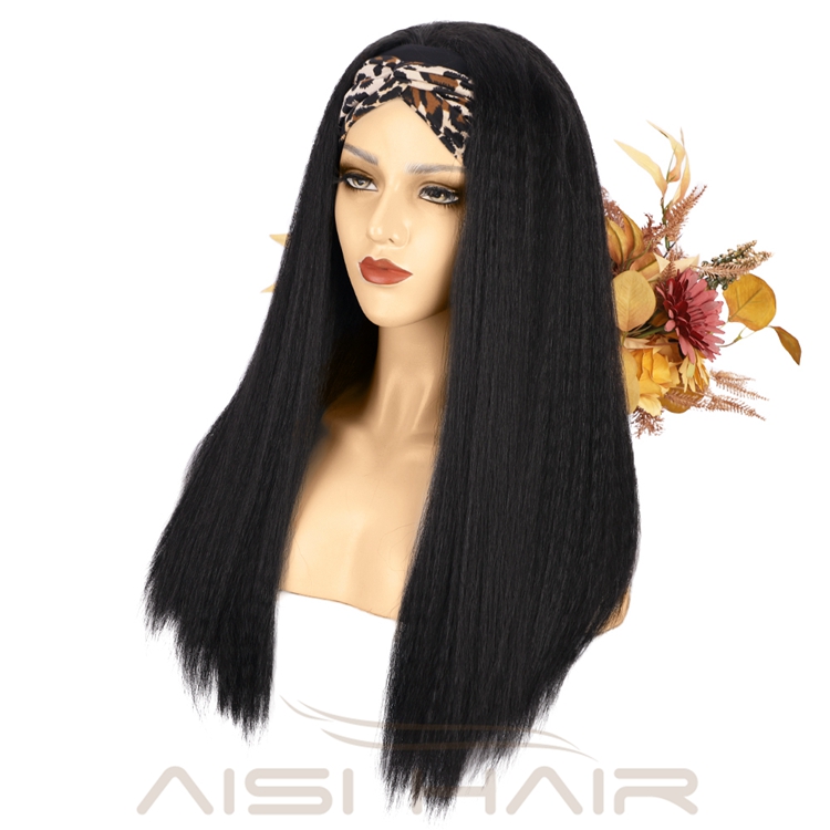 2021 Best Quality Wholesale Long Yaki Glueless Synthetic Wigs Grip Adjustable Headband Attached For Women Brazillian None Lace
