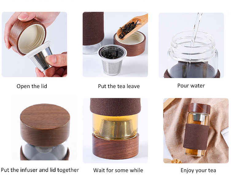 Borosilicate bamboo lid glass tea cup with infuser swing top glass bottles 400ml
