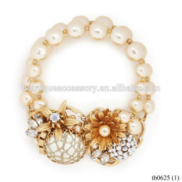 Gold Double-deck Crystal Floral Filigree Baroque Pearl Bracelet
