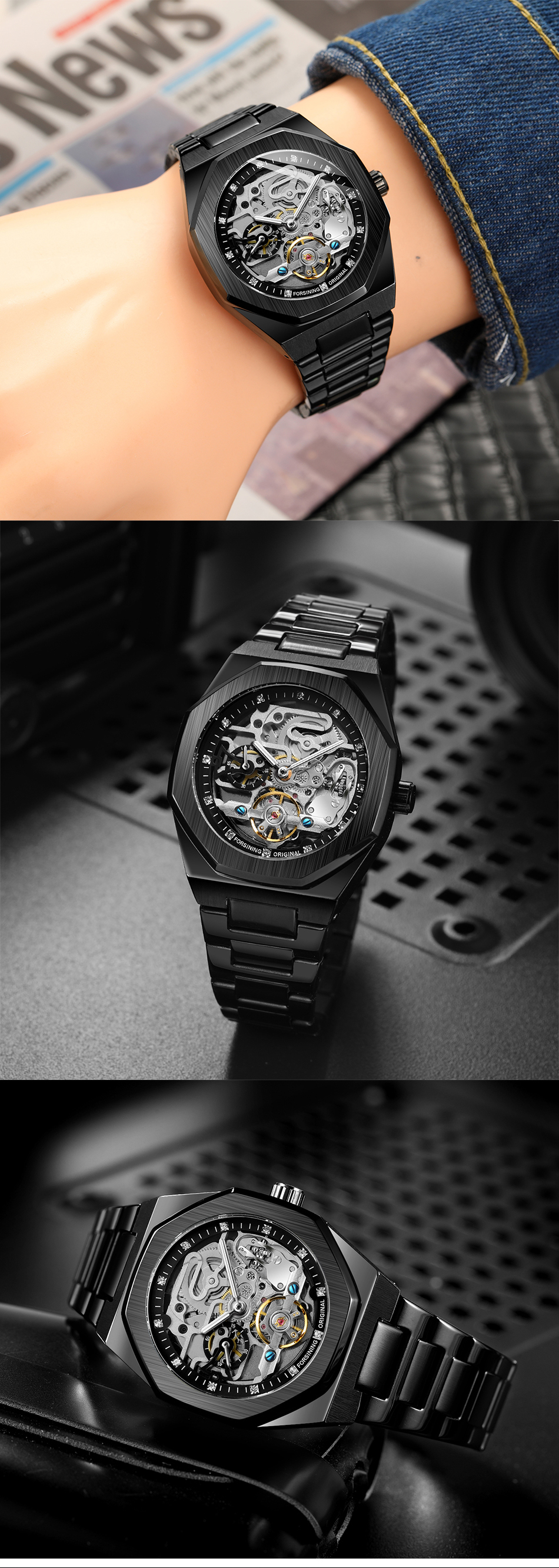 Forsining 375 Color Band Steel Mechanical Watches Luxury Tourbillon Relojes Automatic Watch Men