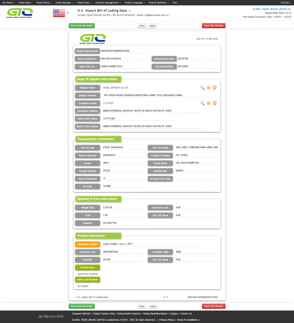 U.S. Import Custom Data of IMITATION JEWELRY