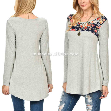 OEM Women Fashion Cream & Navy Floral Scoop Neck Tunic Tops Plus Size Women Long Sleeve Tunic Tops