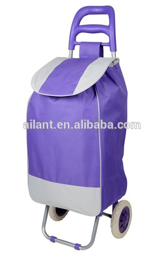 solid purple polyester fabric folding shopping trolley bag