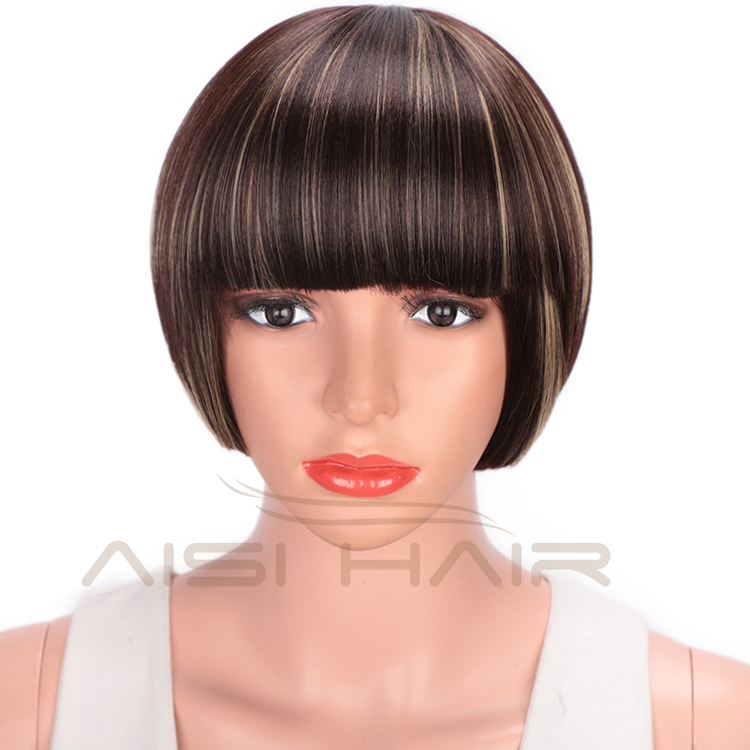 Aisi Hair Short Straight Bob Wigs Heat Resistant Synthetic Fiber Brown Blonde  Mixed Colors Short Bob Wigs with Neat Bangs