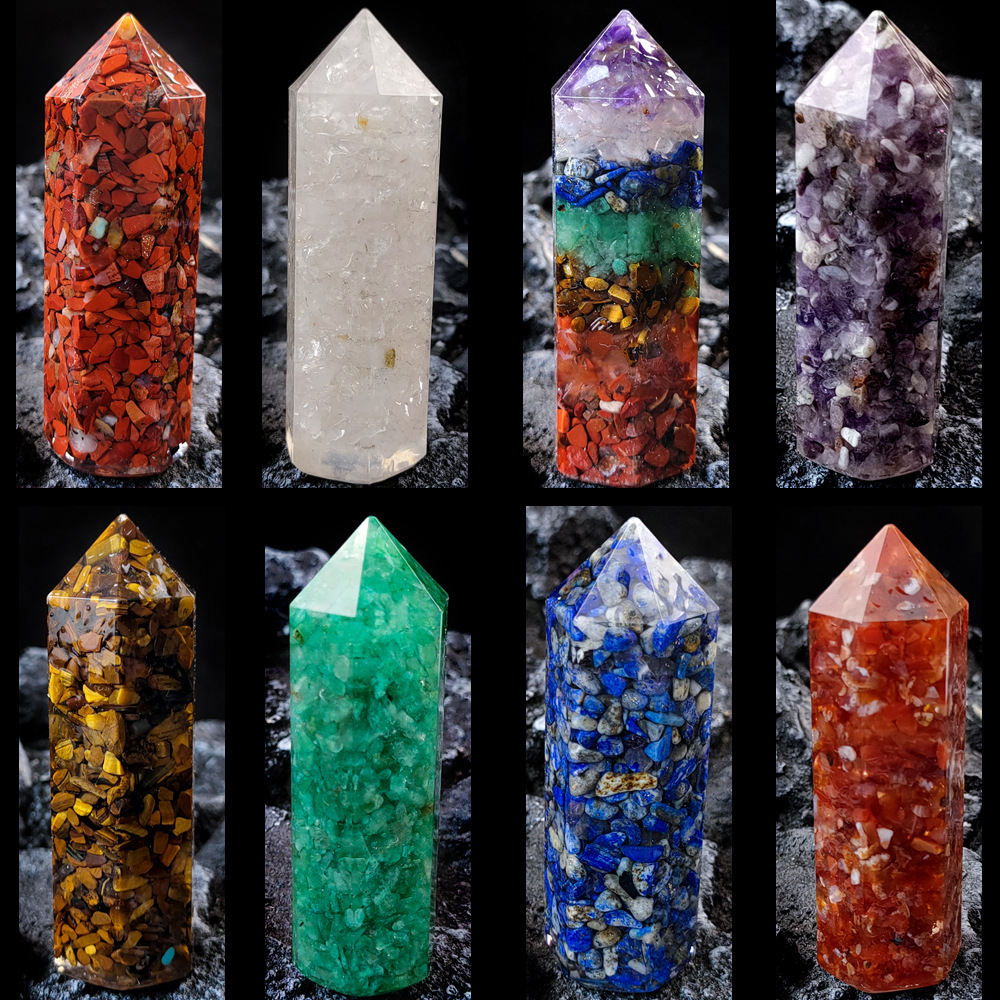 Cristal natural siete chakra aogen energy gran columna hexagonal adorno rueda de siete colores columna de una sola punta multicolor