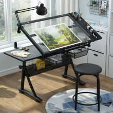 Height Adjustable Glass Drafting Table for Students and Adults