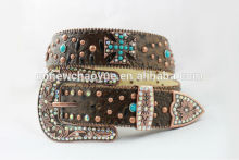 Hot Seller Western cowgirl bling rhinestone leather belt with turquoise cross concho