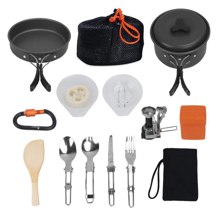 16 pcs Camping Non Stick Cookware Set,Outdoor Cookware Stove Carabiner Bug Out Bag Cookset Folding Spork Set