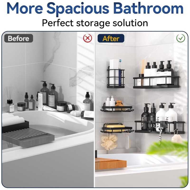 Siyah Duvara Monte Duş Kutusu Organizatörü Black Wall-Mounted Shower Caddy Organizer