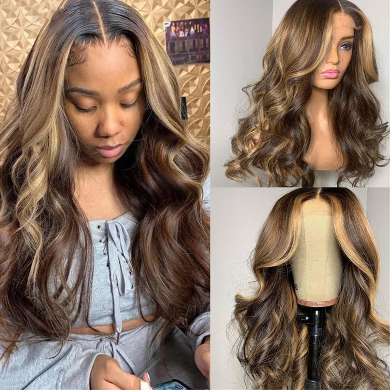 13*4 Lace Front Human Hair Wigs Highlight Ombre Straight Lace Frontal Wig Brazilian Remy Human Hair Middle Wig