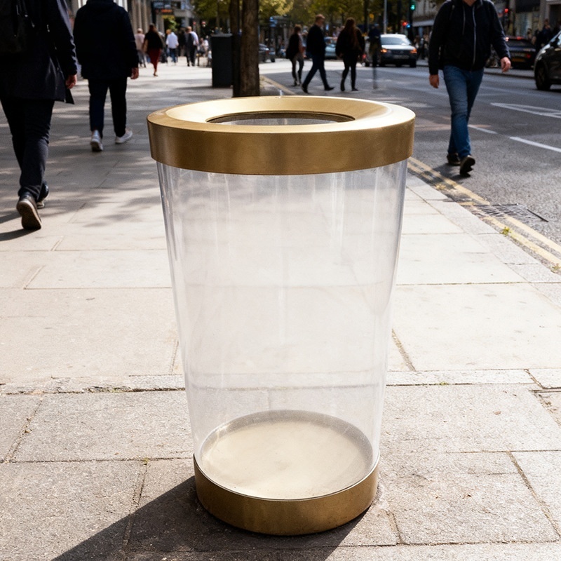 Bespoke Round Metal Waste Receptacle Featuring Clear Acrylic Liner