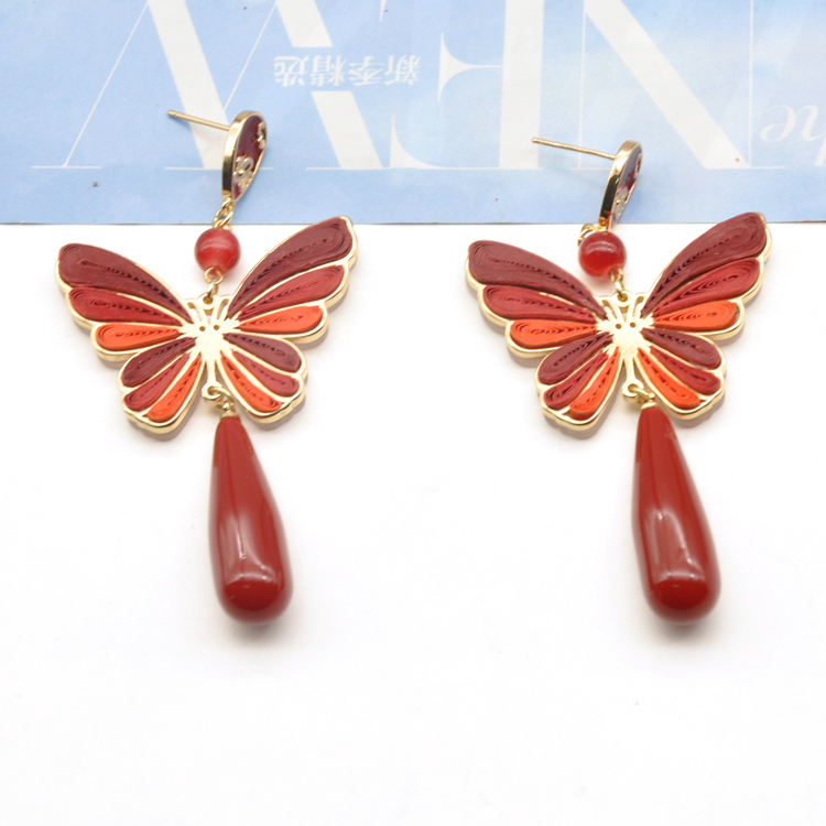 Newest Design red folding paper dangle ear jewelry luxury gold butterfly stud earrings