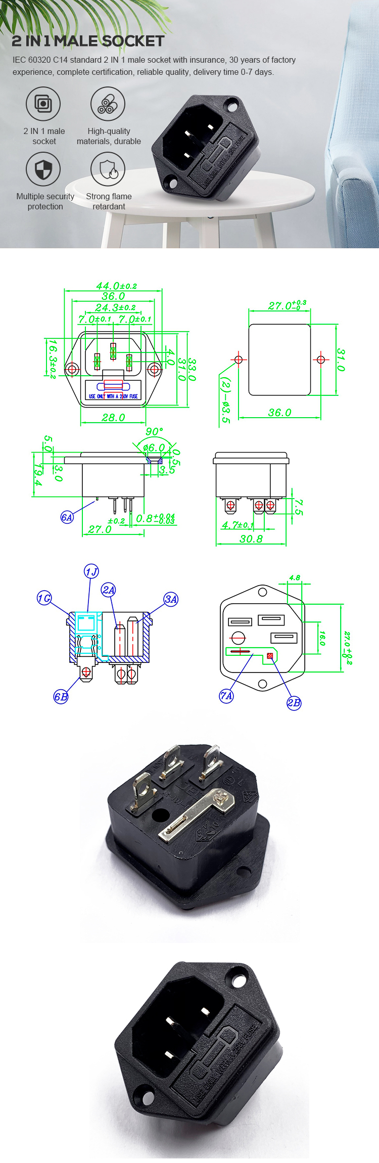 High quality 250V10A IEC JR-101-1F AC POWER 2 IN 1 SOCKET Connector Outlet Plug