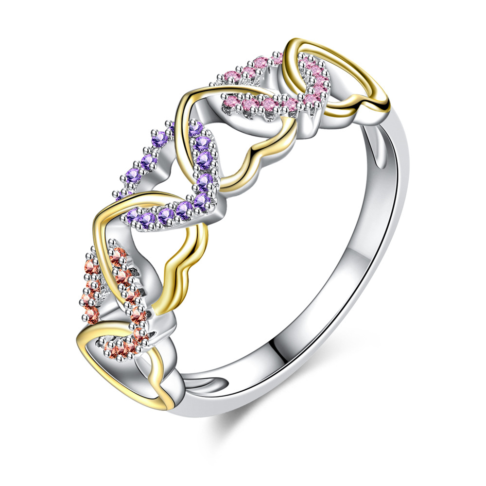 Popular colourful heart ring claw setting zircon heart winding couple ring valentine's day present