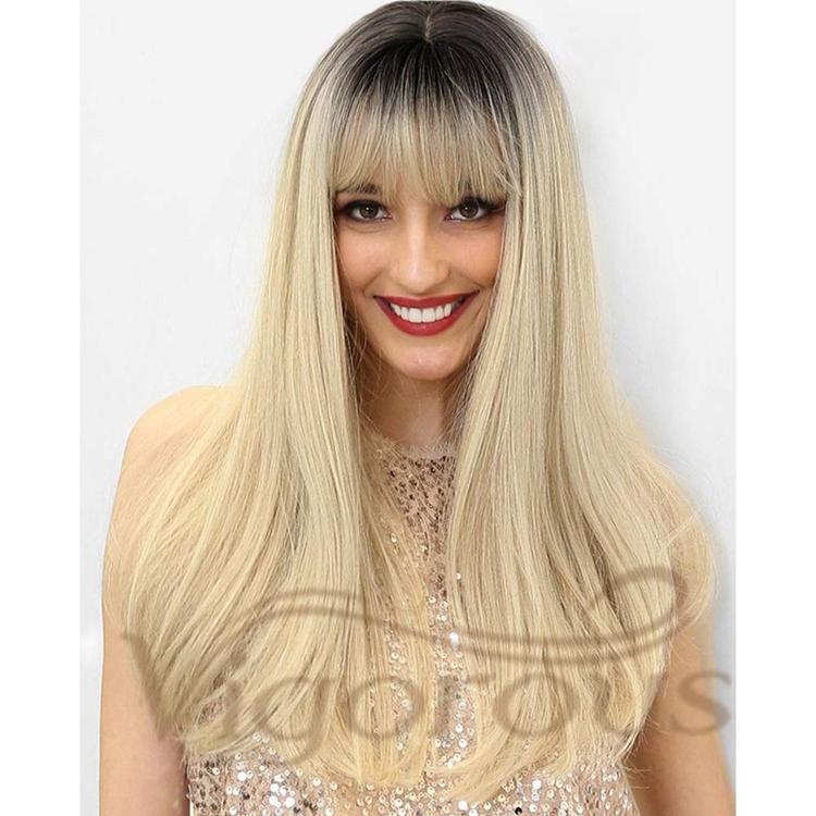 Vigorous High Quality Cheap Price Long Straight Wave Ombre Blonde Dark Root With Neat Bangs For Black Women Synthetic Hair Wigs