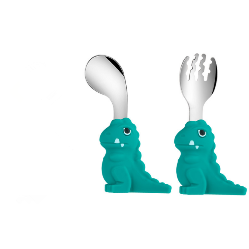 Fork dan sendok bayi silikon berbentuk dinosaurus