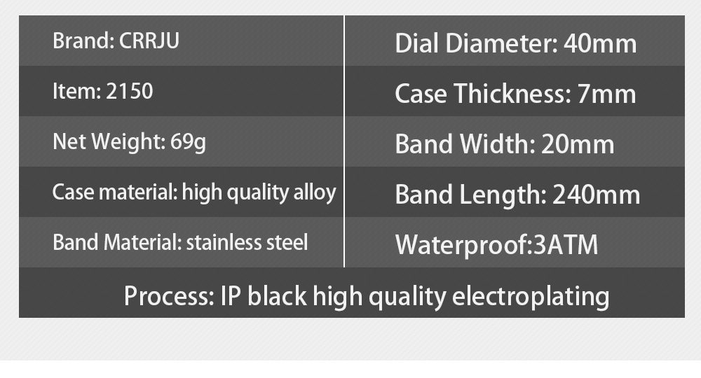 CRRJU2150メンズクォーツラグジュアリーブランドウォッチブラックステンレススチールミニマリスト男性アナログ時計防水時計メンズリストデジタル