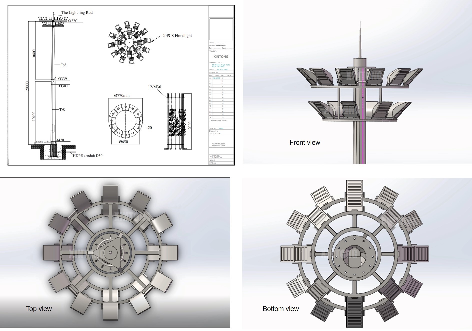 50m solar powered high mast light pole equip