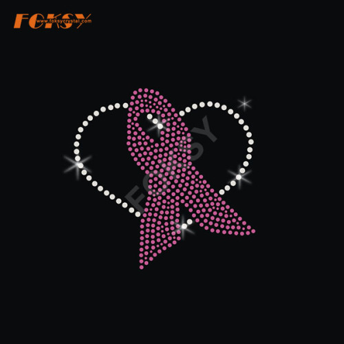 Heart Shape Pink Ribbon Iron on Rhinestone Transfer