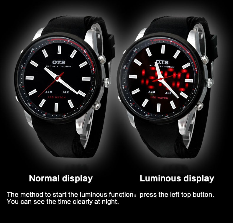 OTS 6719 Man Quartz Digital Watches Cool & Fashion Large Face LED Outdoor Sports Military Luminous Male Wristwatches